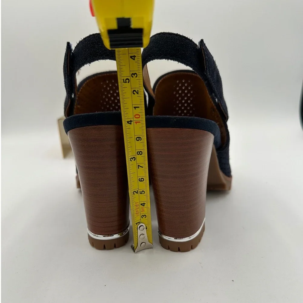 FRANCO SARTO Austin Navy Blue Suede Perforated Lug High Heel Slingback Sandals 7